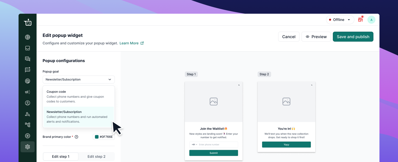 Popup type selection: coupon, subscriber list, or waitlist