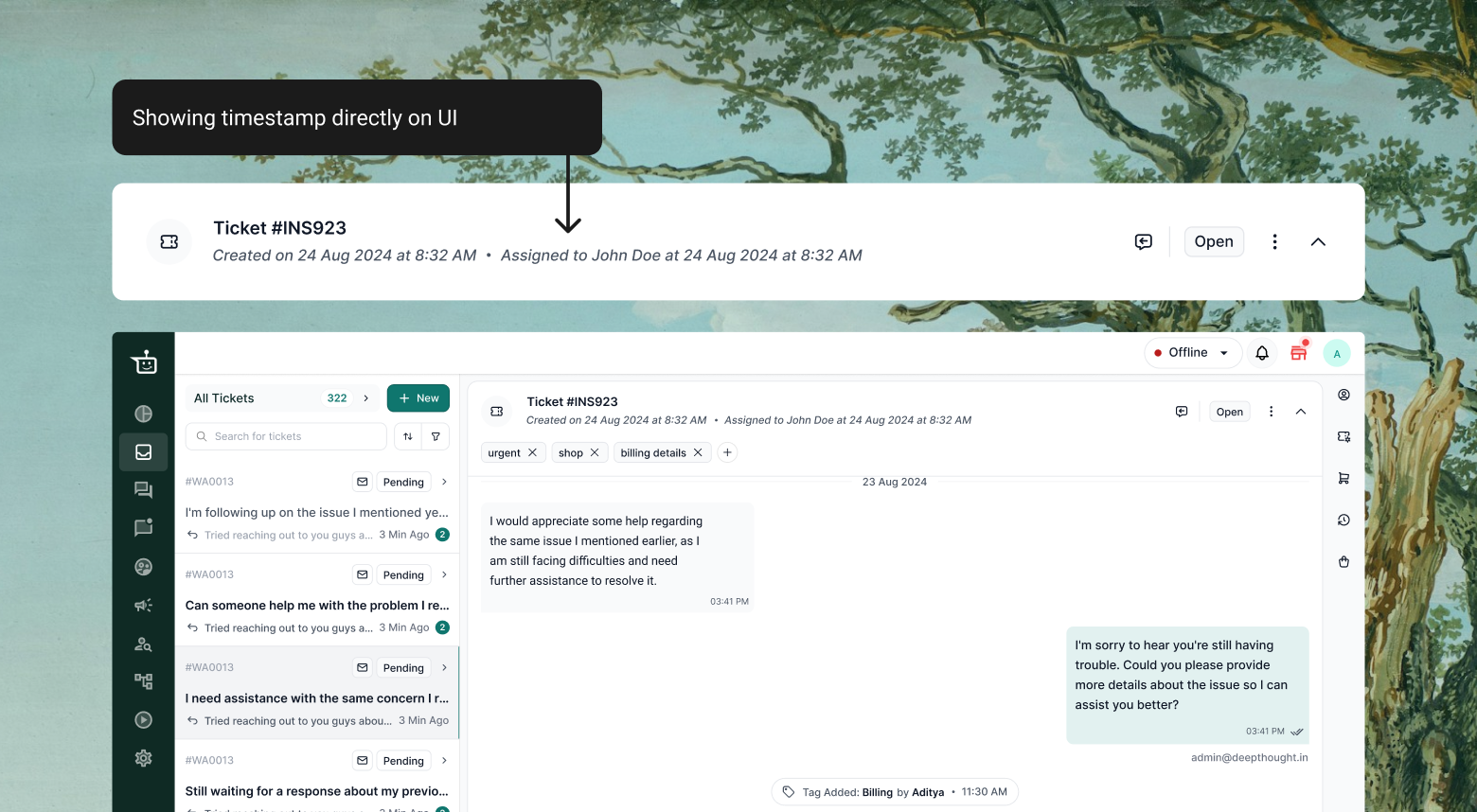 Rejected direction &mdash; the assigned timestamp shown inline in the ticket header