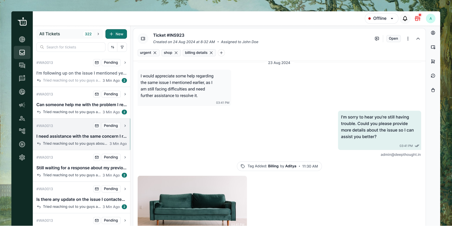The support inbox showing a ticket's header row, with the ambiguous "Assigned to" timestamp before any fix
