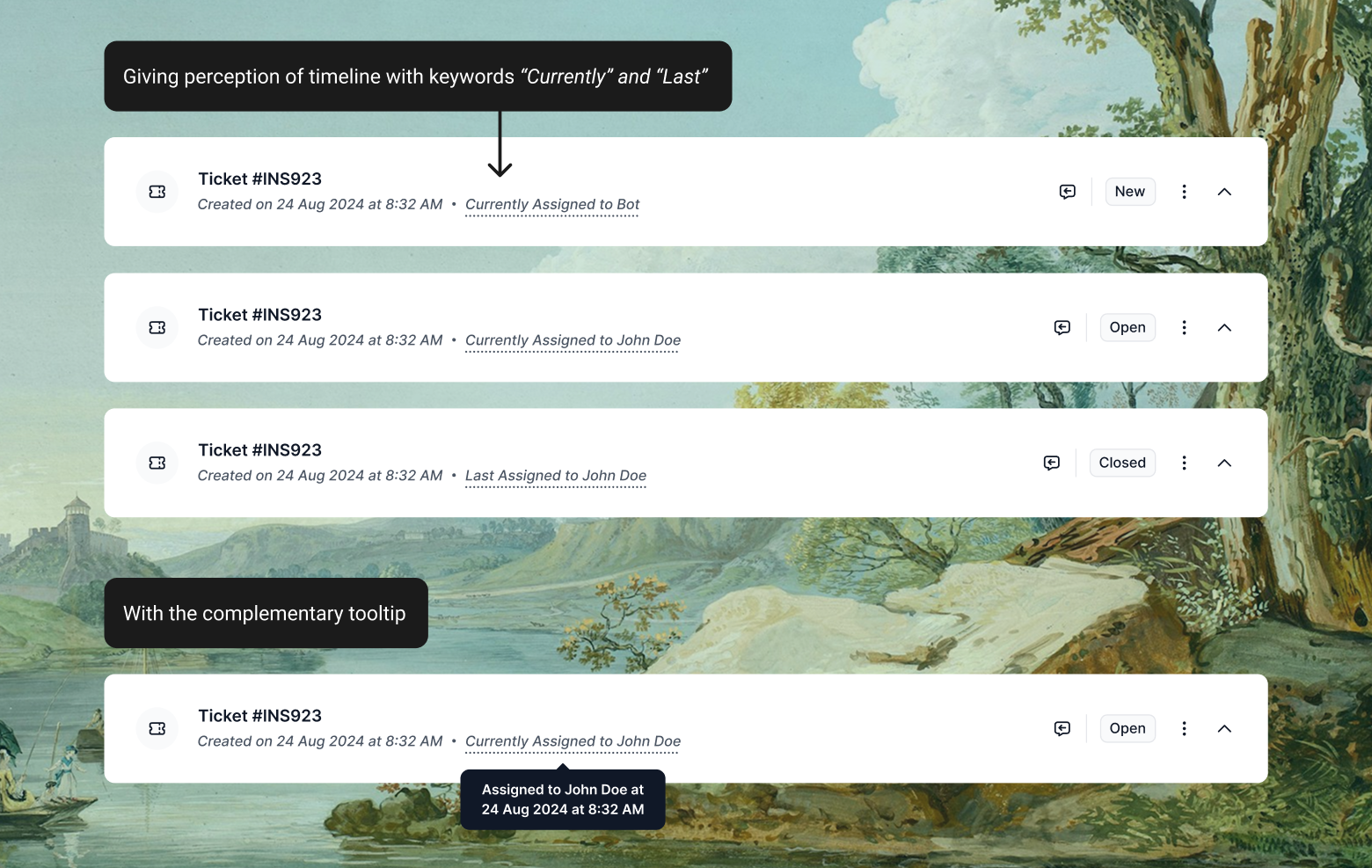 Conditional labels giving the assignment a timeline &mdash; New, Currently Assigned, and Last Assigned, with the exact timestamp still available on hover