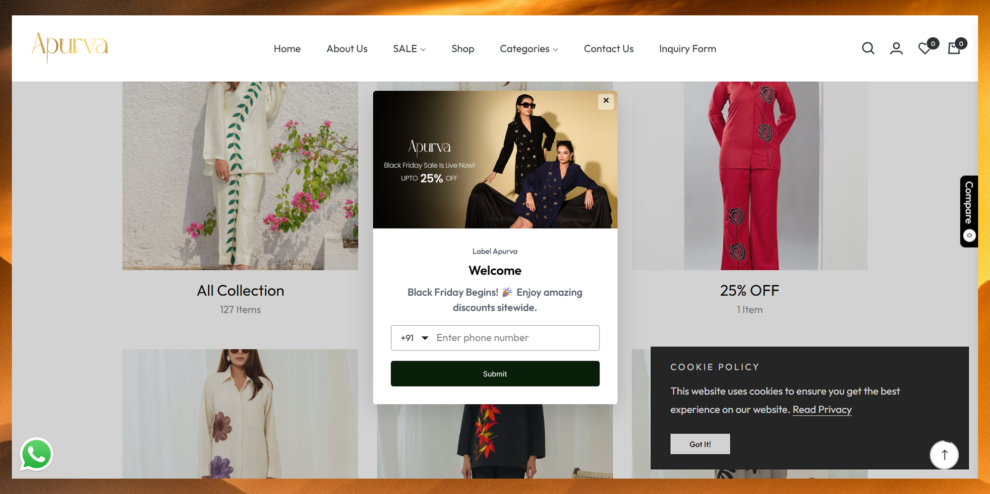 Apurva Label&rsquo;s storefront with BoB&rsquo;s popup live on it, offering a Black Friday discount in exchange for a phone number